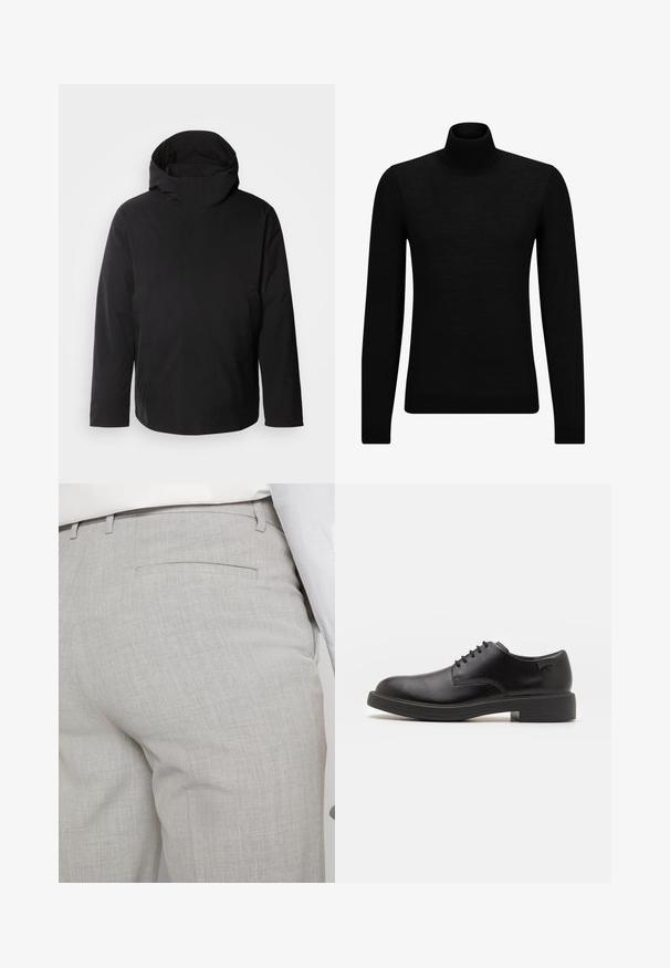 Calvin Klein HOODED JACKET - Téli dzseki - black; Fekete garbó pulóver puha anyagból, hosszú ujjakkal és szoros fazonnal. Ribbed díszítés az alján és az ujjak végén. Egyszerű dizájn.; Világosszürke, texturált anyagból készült szabott nadrág, egyetlen hátsó zsebbel és tiszta varrással.; Fekete bőrcipő, kerek orrú, sima felületű, minimális varrással és alacsony gumitalppal. Logó a sarokrészen.