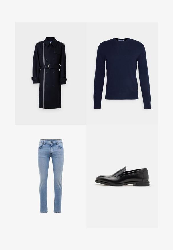 Cappotto lungo in lana nera con design a doppiopetto, striscia laterale grigia, cintura con fibbia in ottone e polsini bottonati.; Maglione a collo tondo blu navy realizzato in morbido tessuto, con maniche lunghe e orlo a coste. Senza motivi o decorazioni visibili.; Jeans in denim blu chiaro con vestibilità slim, cinque tasche e design a gamba dritta. Presenta un'apertura con zip e passanti per cintura. Texture morbida.; Mocassini neri in pelle con una texture liscia, punta arrotondata e una striscia decorativa sulla tomaia. Tacco basso impilato, design minimalista.