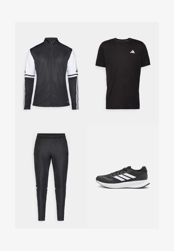 Zwarte sportjack met een rits aan de voorkant, witte mouwen en drie verticale witte strepen op elke arm. Gemaakt van soepel synthetisch materiaal.; Zwarte katoenen t-shirt met korte mouwen, ronde hals en een wit logo op de linkerkant van de borst. Gladde textuur en eenvoudig ontwerp.; Zwarte sportbroek van gladde stof, met een aansluitend ontwerp, elastische tailleband en witte accentstrepen aan de zijkanten.; Zwart sportief schoen met ademend mesh bovenwerk, witte accenten en een gevoerde zool. Beschikt over een logo met drie strepen aan de zijkant.
