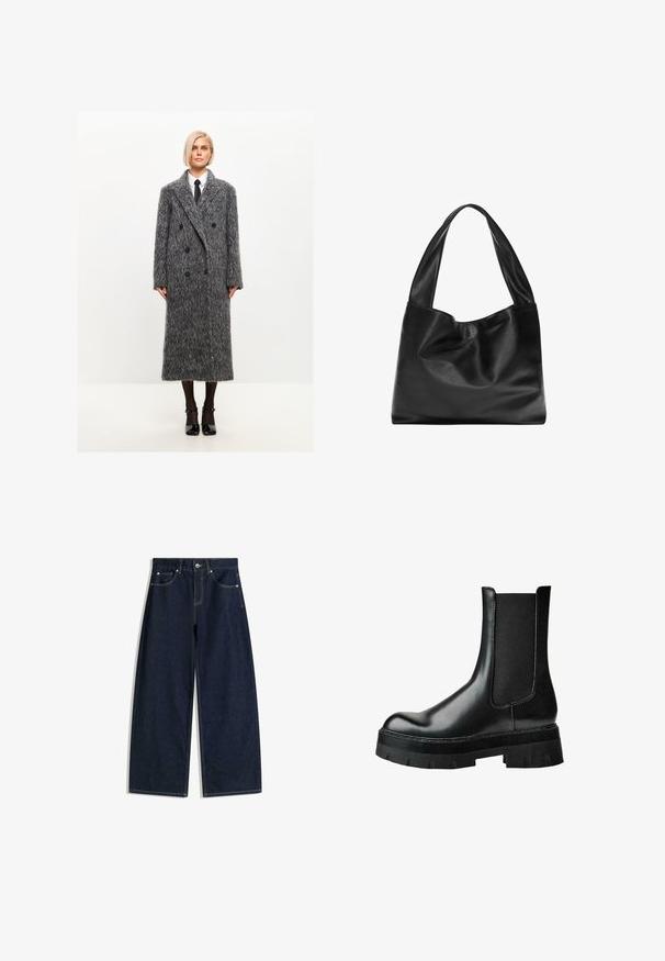 Šedý kabát z vlněné směsi se strukturovaným povrchem, velkým vykrojeným límcem a černými knoflíky, dosahující do poloviny lýtek.; Černý dlouhý rukáv svetr s kulatým výstřihem, s žebrovanými manžetami a lemem, položený rovně na bílém pozadí.; Tmavě modré džínové kalhoty širokých nohavic s předními kapsami, zapínáním na knoflíky a viditelným prošitím na bílém pozadí.; Černá kožená kotníková bota s elastickým bočním panelem, kulatou špičkou, masivní platformovou podrážkou a strukturovaným svrškem pro lepší přilnavost.; Černá kožená taška přes rameno s měkkým, volným designem, širokými uchy a hladkým povrchem. Žádné viditelné kovové doplňky nebo ozdoby.
