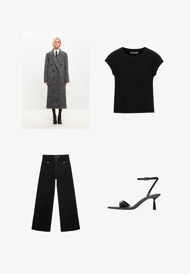 Grau wolloverzogener, doppelt geknöpfter Mantel mit strukturierter Oberfläche, großem Reverskragen und schwarzen Knöpfen, der bis zur Mitte der Wade reicht.; Schwarzes T-Shirt mit kurzen Ärmeln und rundem Ausschnitt. Hergestellt aus glattem, elastischem Baumwollstoff. Einfaches Design ohne Muster oder Grafiken.; Schwarze, weit geschnittene Jeans mit hoher Taille, die zwei Fronttaschen und metallene Knopfakzente aufweist. Der Stoff hat eine glatte Textur.; Bershka High Heel Sandalette - black