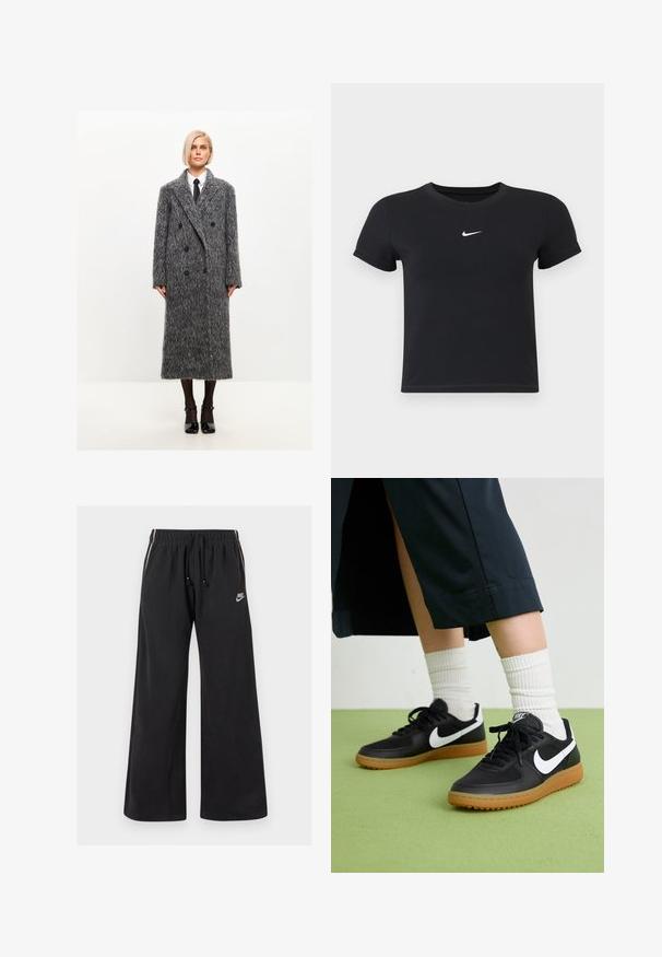 Grijze wolmix dubbele bontjas met een gestructureerde afwerking, grote laarzenkraag en zwarte knopen, reikt tot halverwege de kuit.; Zwarte katoenen t-shirt met korte mouwen en ronde hals. Voorzien van een wit Nike-logo op de borst, minimalistisch ontwerp en een aansluitende pasvorm.; Zwarte trainingsbroek van zacht materiaal, met een elastische tailleband met koord, zijstrepen en een klein logo aan de voorkant links.; Zwarte leren en synthetische sneakers met witte Nike swoosh, rubberen gumzool, ronde neus en zwarte veters. Geribbelde witte sokken zichtbaar.