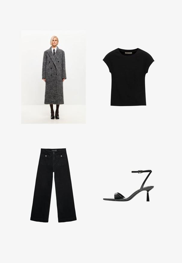 Grau wolloverzogener, doppelt geknöpfter Mantel mit strukturierter Oberfläche, großem Reverskragen und schwarzen Knöpfen, der bis zur Mitte der Wade reicht.; Schwarzes Kurzarm-T-Shirt aus weichem Stoff, mit Rundhalsausschnitt und lockerer Passform, glatter Textur und ohne Muster.; Schwarze, weit geschnittene Jeans mit hoher Taille, die zwei Fronttaschen und metallene Knopfakzente aufweist. Der Stoff hat eine glatte Textur.; Bershka High Heel Sandalette - black