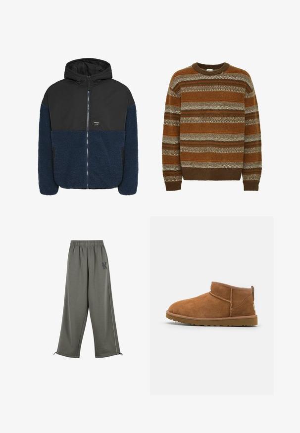 Hooded jack met een zwarte, gladde buitenlaag en een getextureerde marineblauwe fleece ondergedeelte, met een rits aan de voorkant en zijzakken.; Solid SDMAXWELL - Trui - slate black; Karl Kani KK OS SIDESTRIPE - Broek - grey; Tan suède enkellaars met een ronde neus, subtiele stiksels en een gestructureerde rubberen zool. Korte hoogte zonder veters.