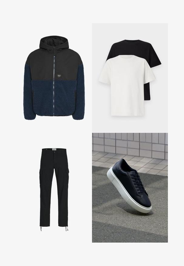 Klašu jaka ar melnu, gludu ārējo slāni un teksturētu tumši zilu flīsa apakšdaļu, ar priekšējo rāvējslēdzēju un sānu kabatām.; Kokvilnas T-kreklu komplekts, kas sastāv no melna un baltā T-krekla, abi ar īsām piedurknēm, apaļu kakla izgriezumu un standarta piegriezumu. Faktūras audums.; Melni cargo bikses ar taisnu piegriezumu, ar sānu kabatām, pogu aizdari un elastīgām auklām pie potītēm. Izgatavotas no izturīga auduma.; Melnas ādas kedas ar noapaļotu pirkstu un baltu gumijas zoli. Iespējas - plakanas šņorītes un minimāla apdare augšdaļā. Struktūrēta zole, lai nodrošinātu saķeri.