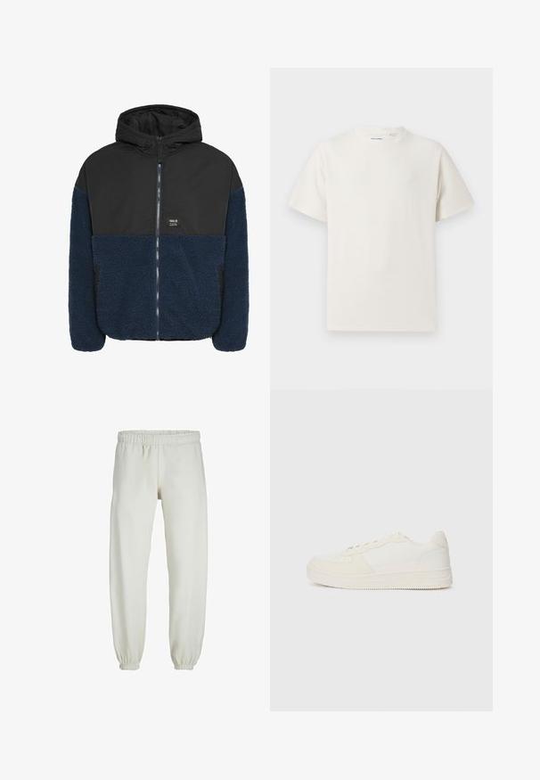 Kapuzenshirt mit einer schwarzen, glatten Außenschicht und einem strukturierten, navyblauen Fleece-Unterteil, mit einem Reißverschluss vorne und Seitentaschen.; Weißes T-Shirt mit kurzen Ärmeln in gerippter Textur. Runder Ausschnitt, lockere Passform, keine sichtbaren Muster oder Akzente. Einfaches und vielseitiges Design.; Weiße Jogginghose aus weichem Stoff, mit elastischem Bund und Säumen, einer glatten Textur und lockerem Schnitt.; Weiße Sneaker mit einem Obermaterial aus glattem Leder und Wildlederakzenten. Sie verfügen über eine perforierte Zehenpartie, flache Schnürsenkel und eine Gummisohle mit strukturierten Details.