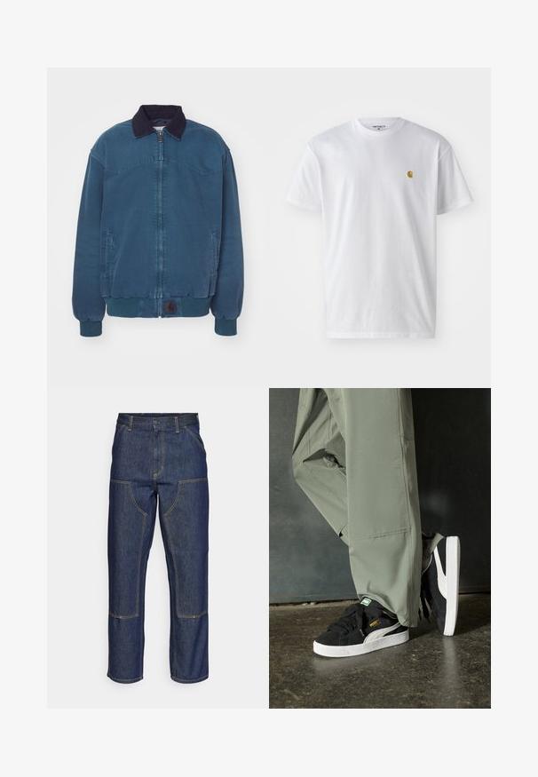 Carhartt WIP SANTA FE petrol; Biała bawełniana koszulka z krótkim rękawem, okrągłym dekoltem, z małym złotym logo na lewej części klatki piersiowej. Miękka textura i regularny krój.; Granatowe dżinsy z wysokim stanem, prostym krojem nogawek, kontrastowym wykończeniem szwów oraz kieszeniami naszytymi z przodu.; Czarne zamszowe trampki z białymi gumowymi podeszwami i bocznymi paskami, w połączeniu z jasnoszarymi spodniami cargo, stoją na teksturowanej ciemnej powierzchni.