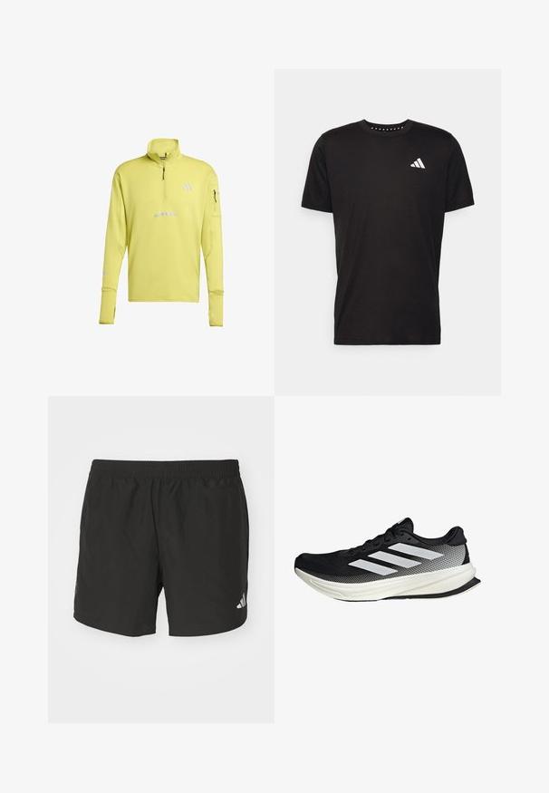 Maglietta sportiva gialla a maniche lunghe con colletto alto, zip a un quarto, dettagli riflettenti e tasca laterale. Tessuto testurizzato con design sportivo.; T-shirt in cotone nero con maniche corte, scollo rotondo e logo bianco sul lato sinistro del petto. Texture liscia e design semplice.; Pantaloni corti sportivi neri con vita elastica, fessure laterali e dettagli riflettenti del logo. Realizzati in un tessuto leggero e liscio.; Scarpa sportiva nera con design in rete, caratterizzata da strisce bianche, punta arrotondata e suola testurizzata per aderenza e supporto.
