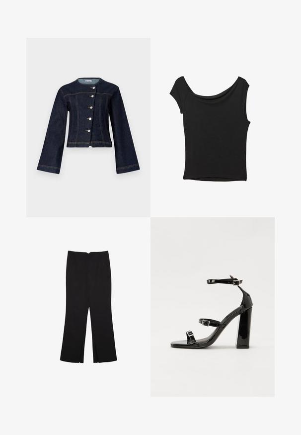 Gina Tricot TAILORED JACKET - Traper jakna - rinse; Crna majica kratkih rukava od glatkog materijala; ima drapirani izrez i asimetrični donji rub, uz prilagođeni kroj tijela.; Crne hlače ravnog kroja, s prednjim džepovima i bočnim prorezima na rubu. Izrađene od mekog i glatkog materijala. Pogodne za razne prigode.; Crne lakirane sandale na pete sa kvadratnim nosom, trakama oko gležnja i srebrnim kopčama. Imaju čvrst blok petu za stabilnost.