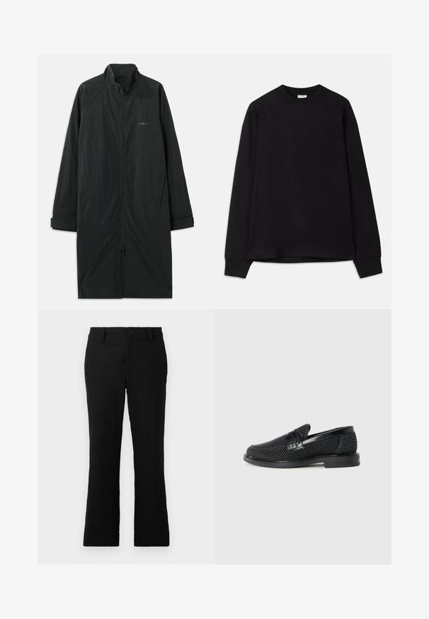 Black long coat with a high collar, featuring a full front zipper, and made of lightweight, textured fabric. Includes cuffed sleeves and subtle branding.; Black long-sleeve t-shirt made of soft cotton. Features a round neckline, loose fit, and ribbed cuffs. No visible patterns or logos.; Black flared trousers made of cotton blend fabric, featuring a button closure, belt loops, and a smooth texture with no visible patterns.; Black woven slip-on shoe with a smooth leather accent on the upper, a round toe design, and a low-profile rubber sole.