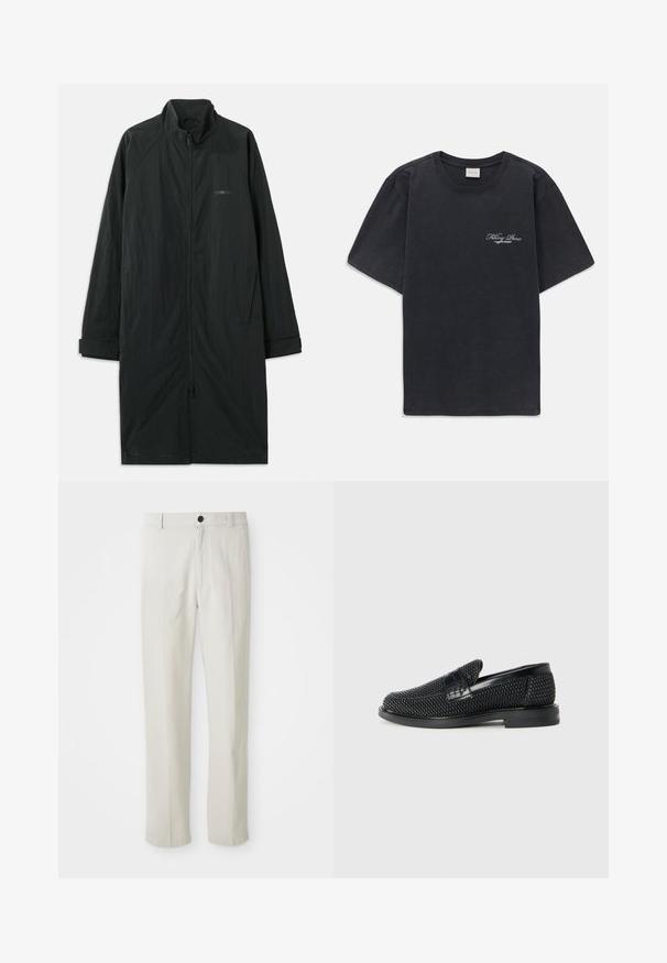 Juodas ilgas paltas su aukštu apykakle, pasižymintis visiškai užtraukiama užtrauktuku ir pagamintas iš lengvos, tekstūrinės medžiagos. Turi rankogalių juostas ir subtilų ženklinimą.; Juodas trumpomis rankovėmis, apvaliu kaklu marškinėliai su mažu baltu "Filling Pieces" tekstiniu logotipu kairiajame krūtinės kampe.; Bežiniai tiesūs keliai su diržo kilpomis, priekiniais mygtukais ir užtrauktuku, išdėstyti ant balto fono.; Juodas pintas slip-on tipo batelis su lygiu odiniu akcentu viršuje, apvalios nosies dizainas ir žemas guminis padas.