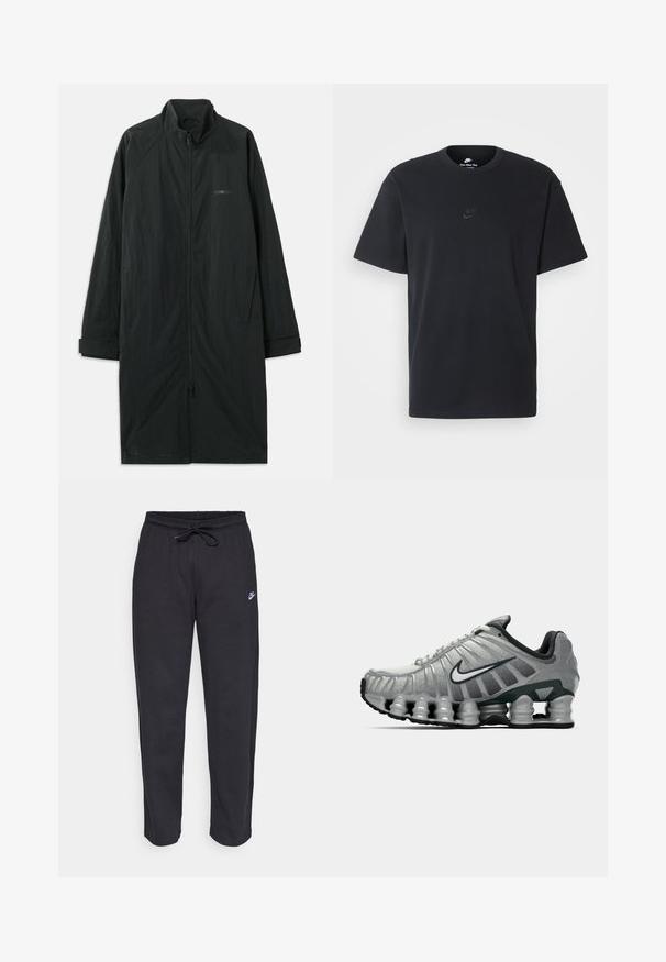 Czarny długi płaszcz z wysokim kołnierzem, wyposażony w pełny zamek błyskawiczny z przodu, wykonany z lekkiego, teksturowanego materiału. Posiada mankiety z podwijanymi rękawami oraz subtelne oznaczenia marki.; Czarny bawełniany t-shirt Nike z klasycznym okrągłym dekoltem, krótkimi rękawami oraz subtelnym, wytłoczonym logo na piersi. Gładka tekstura.; Czarne dresy wykonane z miękkiego materiału, z elastycznym pasem, sznurkiem do ściągania i małym logo Nike na lewej udzie.; Szare i czarne buty biegowe Nike z widocznym, sprężystym tłumieniem pod podeszwą oraz białym logo swoosh po boku.