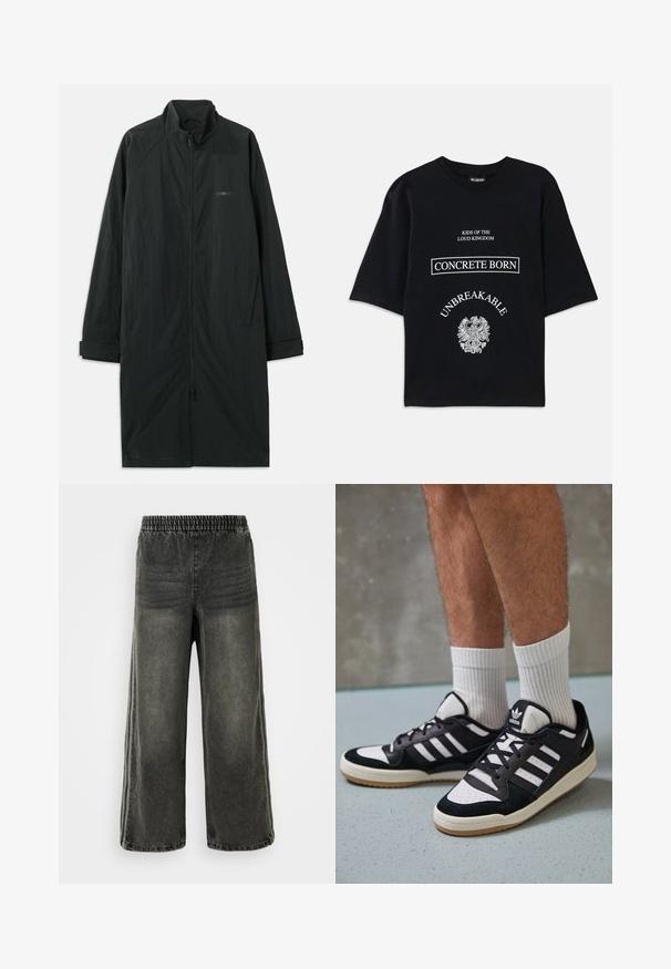 Black long coat with a high collar, featuring a full front zipper, and made of lightweight, textured fabric. Includes cuffed sleeves and subtle branding.; Black oversized T-shirt with white text "Kids of the Loud Kingdom," "Concrete Born," "Unbreakable," and a detailed eagle graphic below.; Black washed denim pants with elastic waistband and wide legs, featuring subtle vertical seam details on sides.; Black and white sneakers with a suede and leather upper, featuring three white stripes, a perforated toe, and a gum rubber sole.