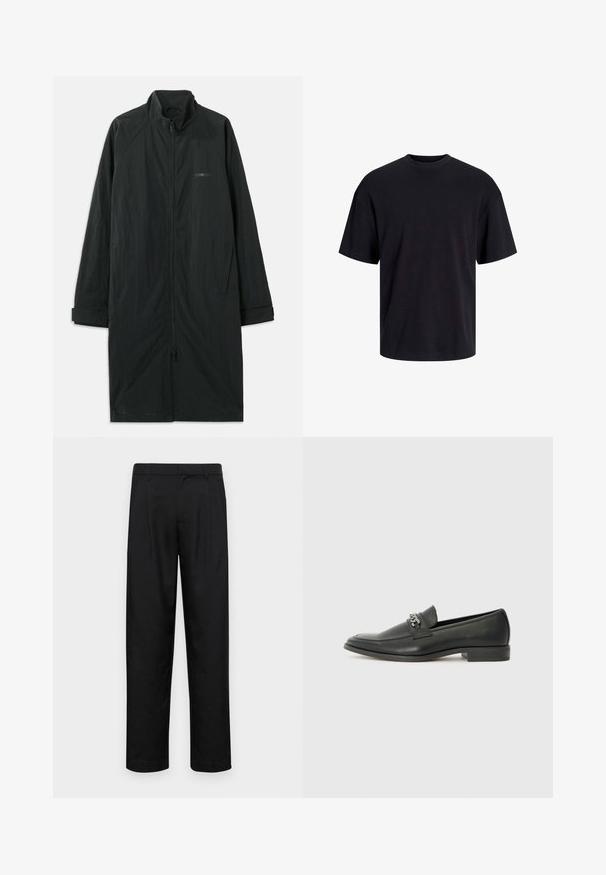 Fekete hosszú kabát magas gallérral, elöl teljes hosszában cipzárral, könnyű, strukturált anyagból készült. Hosszú ujjakkal rendelkezik, amelyek garbósak, és finom márkajelzéssel van ellátva.; Fekete pamut póló, kerek nyakkivágással, rövid ujjú és laza fazonú. Simább anyagú, látható minták vagy díszítések nélkül.; Fekete nadrág sima anyagból, egyenes szárú fazonnal, két elülső redővel és közönséges derékkal, övhurkokkal.; Fekete bőr loaferek sima felülettel, varrott mintával és díszítő fém lánccal a cipő elején. Lapos sarok.