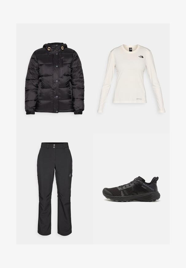 Czarna kurtka puchowa z kapturem, z zamkiem błyskawicznym i zapięciem na napy, elastycznymi mankietami i przednią kieszenią na zamek; gładka, pikowana faktura.; The North Face - Bluzka z długim rękawem; Czarne spodnie outdoorowe o prostym kroju, z zapięciem na guzik, zapinanymi na zamek bocznymi kieszeniami oraz naszywką z logo na lewej udzie.; Czarne buty biegowe z teksturowaną siateczkową cholewką, wzmocnionym czubkiem i gumową podeszwą. Wyposażone w system sznurowania oraz detal logo po boku.