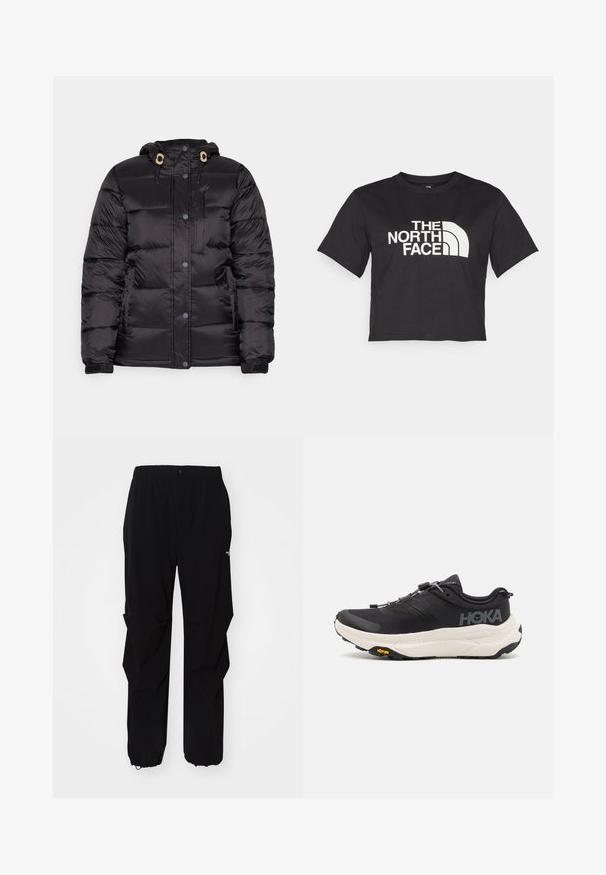 Svart puffjacka med huva, försedd med dragkedja och tryckknappslås, elastiska ärmslut och en framficka med dragkedja; slät, vadderad struktur.; Svart kortärmad t-shirt i bomull, med en vit logotyp med böjda accenter och texten "THE NORTH FACE" framtill. Kort ärm, rundad hals.; Svarta utomhusbyxor gjorda av slitstarkt material, med en avslappnad passform, elastisk midja och indragna muddar för justerbar längd.; Svarta atletiska skor med en ventilerande meshovandel, gummisula, vit dämpande mellansula och reflexsnörning. Vibram-logotyp på sulan.