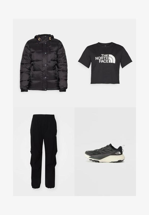 Melnas pūkainas jakas ar kapuci, ar rāvējslēdzēju un spiedpogu aizdari, elastīgiem piedurknēm un priekšējo rāvējslēdzēja kabatu; gluda, kviltota tekstūra.; Melnā īsā t-kreklā no kokvilnas, ar baltu logo un izliektiem akcentiem, uz kura ir uzraksts "THE NORTH FACE" priekšpusē. Īsas piedurknes, apaļa izgriezuma kakla daļa.; Melnas āra bikses, kas izgatavotas no izturīga materiāla, ar brīvu piegriezumu, elastīgu jostu un savilktiem rāvējslēdzējiem, lai pielāgotu garumu.; Melna sporta kurpe ar teksturētu augšdaļu, kurai ir pelēki akcenti un balts vidusdaļa. Ietver vilkšanas cilpu un izteiktu zīmola logo uz papēža.