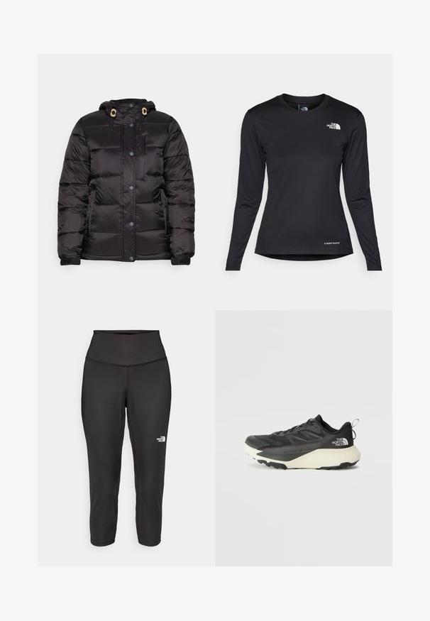 Črna pufe jakna s kapuco, ki vključuje zadrgo in gumbasto zapiranje, elastične manšete in sprednji žep z zadrgo; gladka, quilted tekstura.; The North Face SHADOW LONG SLEEVE - Majica z dolgimi rokavi - black; Črne capri legice iz raztegljive tkanine, z visokim pasom in majhnim belim logotipom na levi strani. Gladka tekstura.; Črne atletske čevlje z teksturiranim zgornjim delom, ki imajo sivo obrobo in belo srednjo podplat. Vključujejo zanko za vprego in izstopajočo blagovno znamko na peti.