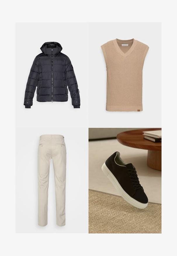 Fekete puffertotót, kapucnival, tűzött dizájnnal, elülső cipzárral, oldalsó zsebekkel és bordázott mandzsettákkal. Könnyű, szigetelt anyagból készült.; Beige kötött ujjatlan pulóver, V-kivágással, bordázott textúrával és egy kis bőr logó címkével a bal alsó oldalon.; Beige nadrág sima felülettel, egyenes szabással, két gombos hátsó zsebbel és normál derékrésszel.; Fekete sneakers fehér talppal lebeg egy bézs textúrájú szőnyeg felett, egy kerek fából készült asztal közelében, rajta egymásra pakolt könyvekkel.