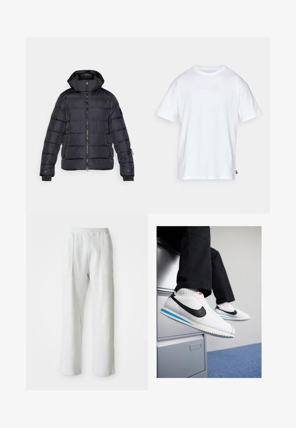 Mustaline puffjak, millel on kapuuts, tikandiga disain, eesmine tõmblukk, küljetaskud ja soonikkoes varrukad. Valmistatud kergetest, soojust sisaldavatest kangast.; Valge puuvillane t-särk lühikeste varrukatega ja ümmarguse kaelusega. Sellega on kaasas väike, tagasihoidlik Nike logo rinnal ja külgmine silt.; Valged juhuslikud püksid elastse vöökoha ja suurte esipastalaukudega, esitatud ühe lihtsa heleda tausta taustal.; Valged nahast tossud musta Nike'i logoga, helesinise ja halli kummist tallaga ning klassikalise lipsuvariantiga. Jalad restingud dokumendikapil.