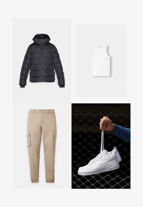 Schwarze Steppjacke mit Kapuze, genähtem Design, Frontreißverschluss, seitlichen Taschen und gerippten Bündchen. Hergestellt aus leichtem, isoliertem Material.; Weißes Baumwoll-Trägershirt mit Rundhalsausschnitt, breiten Trägern und geradem Saum, das eine glatte Textur aufweist und keine sichtbaren Muster hat.; Beige Cargo-Hosen aus leichtem Baumwollmaterial. Mit elastischen Bündchen, mehreren Seitentaschen und einem Knopfverschluss.; Weiße Leder-Sneaker mit Perforationen, runder Zehenpartie, flacher Sohle und dicken Schnürsenkeln, mit sichtbar eingesticktem Swoosh-Logo und "AIR" an der Ferse.