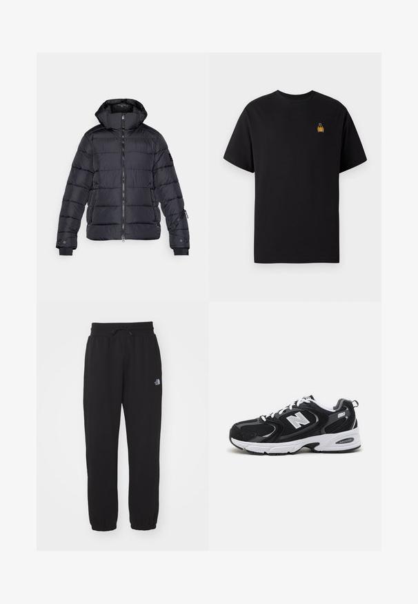 Mustat puhallettavat takki, jossa on huppu, tikattu muotoilu, etuvetoketju, sivutaskut ja ribbireunat. Valmistettu kevyestä, eristetyistä kankaista.; Mustan puuvillan t-paita lyhyillä hihoilla, pyöreällä kaula-aukolla ja pienellä keltaisella brodeeratulla kuvioinnilla vasemmassa rinnassa.; Musta collegehousut pehmeästä kankaasta, joissa on joustava vyötärönyöri, nilkkasaumat ja pieni logo yläreidessä.; Mustat ja harmaat urheilukengät, joissa on verkkokangas- ja keinonahka päällyste, valkoinen välipohja, nauhat sekä rohkea "N"-logo sivussa.