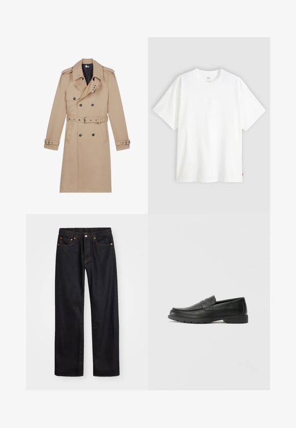 Palton bej dintr-un material neted, cu un design cu două rânduri de nasturi, rever late, talie accentuată printr-un cordon și manșete cu nasturi.; Tricou alb cu mânecă scurtă, confecționat din bumbac, cu gât rotund. Prezintă un detaliu logo subtil embosat pe față și un etichetă roșie la tiv.; Jeans negri din denim pentru bărbați, cu croială dreaptă, cinci buzunare și cusături portocalii, închidere cu nasture și fermoar pe talie.; Labeled cu oglindă din piele neagră cu un finisaj neted, partea superioară în stil mocasin, detalii cusute și o talpă din cauciuc. Design clasic cu un toc jos.