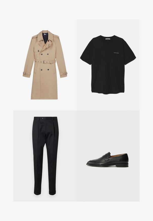 Manteau beige en tissu lisse, avec un devant double boutonnage, de larges revers, une taille ceinturée et des poignets boutonnés.; T-shirt en coton noir avec un col rond, des manches courtes et un logo blanc imprimé sur la poitrine gauche. Design simple, couleur unie.; Pantalons noirs en tissu lisse, avec un pli à l'avant, une fermeture à bouton et des ourlets roulés à la cheville.; Mocassin en cuir noir avec un bout arrondi, des coutures subtiles et un talon bas, présentant une texture lisse et un design minimaliste.