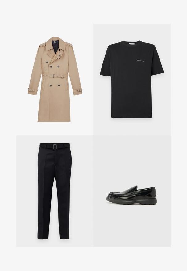Beeži trensš coat, mis on valmistatud siledast kangast, topelt-rinnaga, laia krae, vööga talje ja nööpidega mansettidega.; Must alune T-särk, ümmarguse kaelusega, lühikeste varrukatega ja väikese valge "TIGER OF SWEDEN" logoga rinnal. Klassikaline lõige.; Mustad mustad püksid on valmistatud siledast kangast, sirgelt lõigatud ja beldiga vöökoht, millel on ristkülikukujuline pandla. Märkimisväärsed esisellukid täiustavad disaini.; Must musta nahk loafer läikiva viimistlusega, ümar varvas, delikaatsed õmblusdetailid ja paks kummist tallad vastupidavuse tagamiseks.