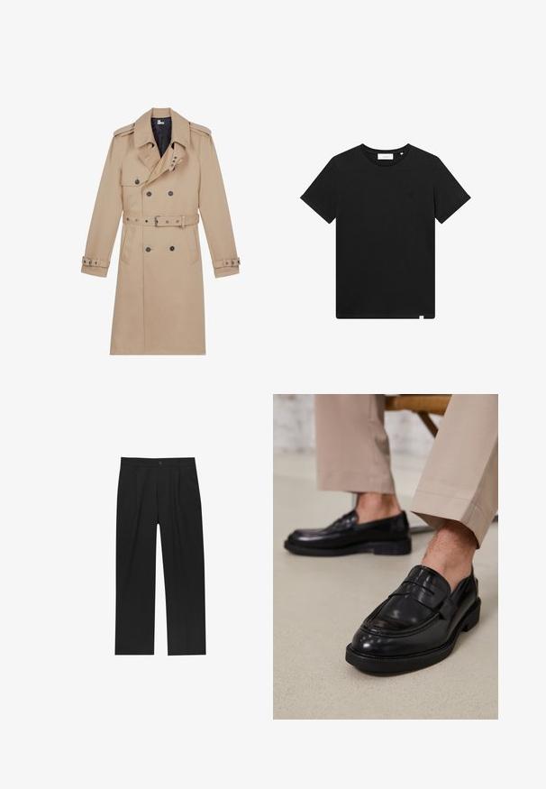 Béžový trenčkot vyrobený z hladkej tkaniny, s dvojradovým zapínaním, širokými klopami, opaskom v páse a gombíkmi na manžetách.; Čierne tričko s krátkym rukávom vyrobené z bavlny, s okrúhlym výstrihom a malým logom vyšitým na hrudi. Hladká textúra, štandardný strih.; Čierne nohavice s rovnými nohavicami, vyrobené z hladkej tkaniny. Majú predné puky a jediné gombíkové zapínanie v páse.; Čierne kožené poltopánky s hladkým povrchom, so zdobným remienkom a kontrastným prešívaním, skombinované s béžovými nohavicami.
