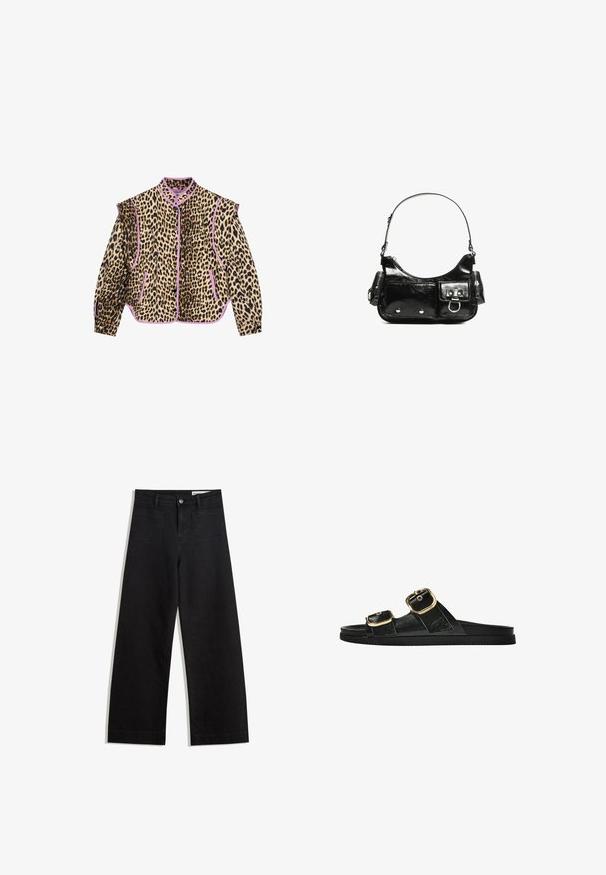 Jachetă cu imprimeu de leopard și detalii violet, având mâneci lungi, guler și închidere cu nasturi. De asemenea, sunt vizibile două buzunare frontale.; Tricou alb din bumbac, cu mânecă scurtă și guler rotund. Design simplu, croială lejeră, textură fină. Nu sunt vizibile modele sau accente.; Pantaloni din denim negri cu picioare largi, cu talie înaltă, având buzunare frontale și posterioare, cusături dublate și închidere cu nasture. Textură netedă.; Sandalie negre cu toc plat, cu două accente de cataramă aurie, din material texturat neted și design minimalist.; Geantă de mână din piele lăcuită neagră, cu o formă curbată, un umăr, buzunare frontale și accente din metal argintiu.
