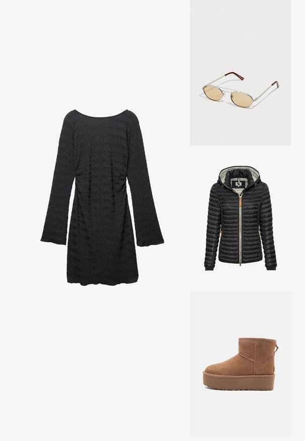 Sort polstret jakke med foret hætte, lynlåslukning, elastiske manchetter, sidelommer og brun læderdetalje nær lynlåsen.; Sort kjole med lange klokkeærmer, tekstureret stof med vandrette striber, rund halsudskæring og samlet detalje i siden.; Tan ruskinds ankelstøvle med platformssål, rund tå og syninger; har en løkke bagpå for nem påtagning.; Metal solbriller med ovale, lysebrune tonede linser. Slank sølvfarvet stel med teksturerede detaljer og rødbrune spidser på stængerne.