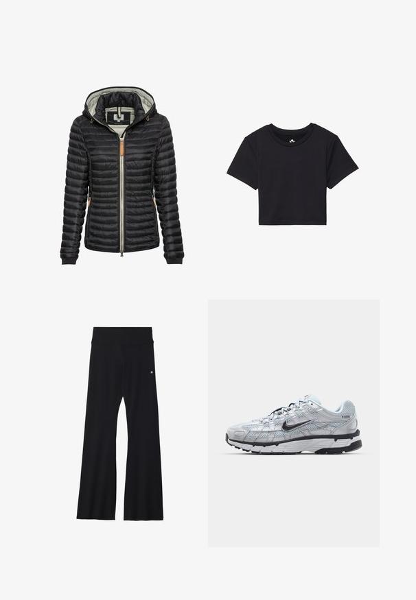 Schwarze gepolsterte Jacke mit gefütterter Kapuze, Reißverschluss, elastischen Manschetten, Seitentaschen und braunem Lederakzent in der Nähe des Reißverschlusses.; Schwarzes, kurzes T-Shirt mit kurzen Ärmeln, rundem Ausschnitt, aus glattem Stoff. Minimalistisches Design ohne sichtbare Muster oder Akzente.; Schwarze, ausgestellte Yogahosen aus elastischem Material, mit einem breiten Bund und einem kleinen Logo nahe der Hüfte. Glatte Textur, keine Muster.; Nike P-6000 Sneakers mit einem Obermaterial aus leichtem grauem Mesh, schwarzen Akzenten und einer langlebigen schwarzen Gummisohle. Verfügt über ein komplexes Design und ein Schnürsystem.