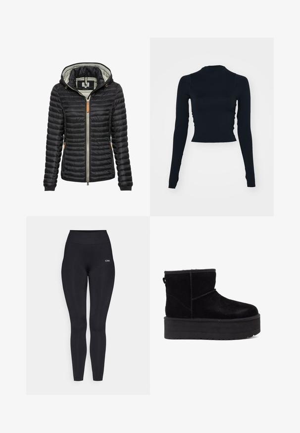 Schwarze gepolsterte Jacke mit gefütterter Kapuze, Reißverschluss, elastischen Manschetten, Seitentaschen und braunem Lederakzent in der Nähe des Reißverschlusses.; Schwarzes, langärmeliges, cropped Oberteil mit hohem Ausschnitt. Hergestellt aus glattem, enganliegendem Material ohne sichtbare Muster oder Akzente.; Schwarze Leggings mit einem hohen Bund, aus einem glatten, dehnbaren Stoff hergestellt. Mit einem kleinen Logodetail in der Nähe des Bundes.; Schwarze Wildleder-Stiefeletten mit einer dicken Plattformsohle und weichem Futter. Abgeschlossen mit Nähakzenten und einer hinteren Schlaufe für einfaches Anziehen.