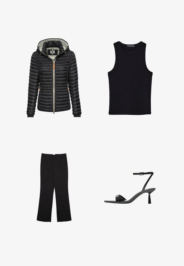 Schwarze gepolsterte Jacke mit gefütterter Kapuze, Reißverschluss, elastischen Manschetten, Seitentaschen und braunem Lederakzent in der Nähe des Reißverschlusses.; Schwarzes Tanktop aus Baumwolle mit rundem Halsausschnitt und weiten Armöffnungen. Glatte Textur mit genähten Säumen. Klassisches, minimalistisches Design.; Schwarze Hose mit geradem Schnitt, ausgestattet mit Fronttaschen und Seitenschlitzen am Saum. Hergestellt aus weichem, glattem Stoff. Geeignet für verschiedene Anlässe.; Bershka High Heel Sandalette - black