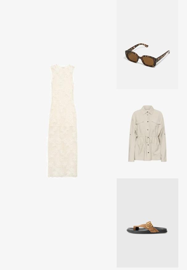 Kaffe Veste légère - feather gray; Robe longue, crémeuse et blanche avec une texture côtelée et un motif de dentelle florale. Design sans manches, longueur au sol, coupe ajustée et décolleté rond.; Sandales en daim marron avec un détail de boucle en or, dotées d'une semelle plate en caoutchouc noir et d'un design en tongs. Texture lisse, style minimaliste.; Lunettes de soleil en écaille de tortue avec une monture ronde et épaisse et des verres marron. Présente des motifs subtils et des branches droites et effilées.; Sac à main en cuir marron avec une forme incurvée, ornée de clous dorés le long de la couture et d'une fine bandoulière. Fermeture éclair en haut.