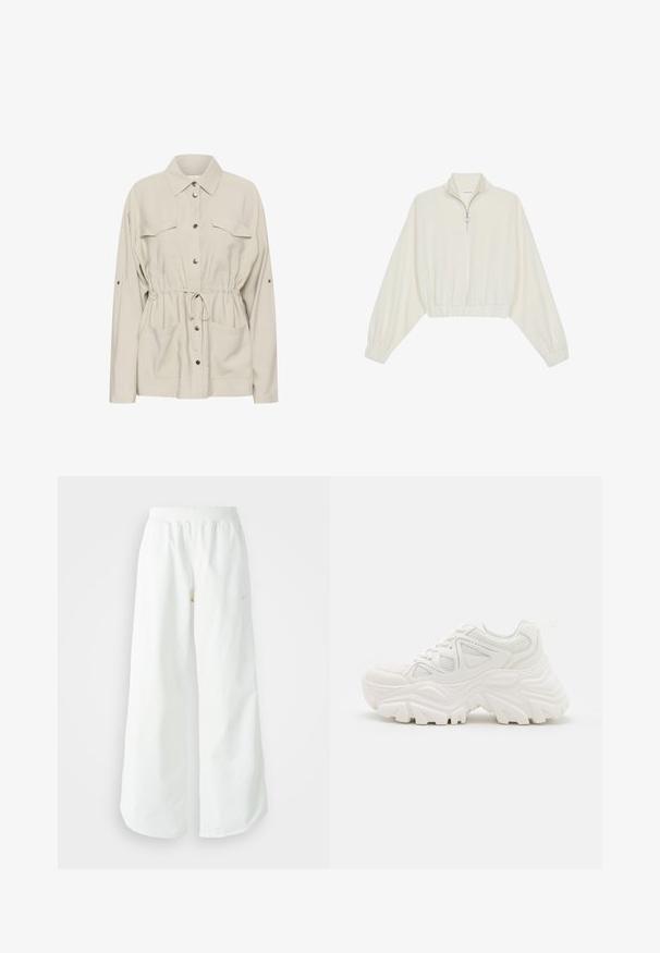 Kaffe Suvejakk - feather gray; Kreemfarbenest lühikese varrukaga kudum, millel on kõrge kaelus, pool tõmblukk, elastne allosa ja varrukad, sile tekstuur ja minimaalne disain.; Valged laiad spordipüksid, ribadega vöökoht ja diskreetne logosümbol. Sile kangas, lõdvestatud istuvus ja kitsenev ääreosa.; Valged jämedad sneakers, millel on tekstureeritud ülemine osa, võrgusilma paneelid ja paksud kummist tallad, millel on silmapaistev mustrimuster. Paelad ja tõmbeosa on kaasa arvatud.