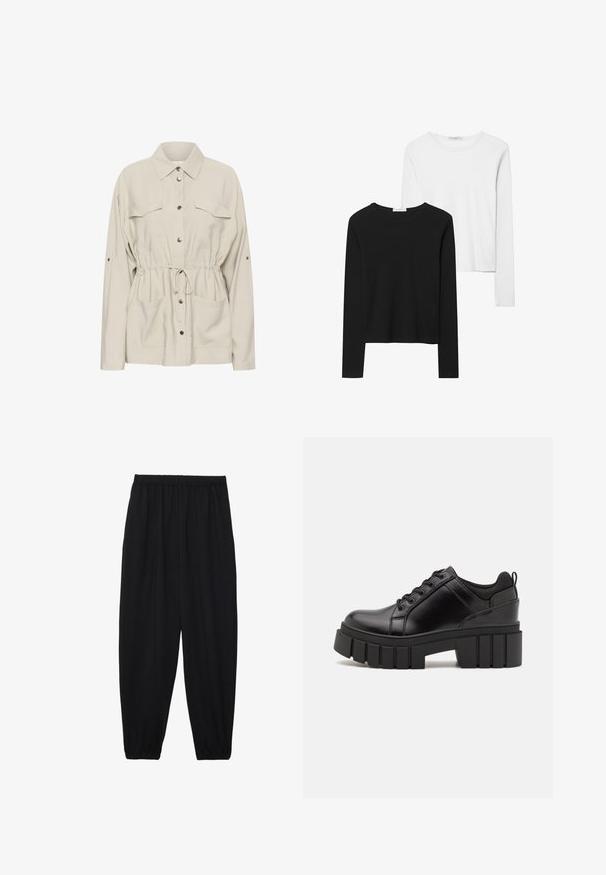 Kaffe Lichte jas - feather gray; Zwart-witte t-shirts met lange mouwen, met ronde halslijnen, zachte stof en een aansluitend ontwerp met rechte zomen.; Zwarte, lichte broek met een elastische tailleband en gathered enkels. De stof is glad en heeft een ontspannen, taps toelopend ontwerp.; Zwarte leren platform schoenen met een stevige blokhak, ronde neus en een traditionele vetersluiting. Kenmerkt zich door een gladde textuur en minimale details.