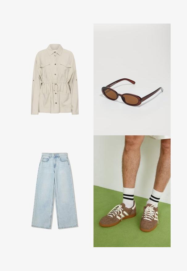 Kaffe Veste légère - feather gray; Haut à manches longues en tissu couleur crème, avec un léger rassemblement sur les côtés et un col classique. Texture lisse, design simple.; Jeans larges bleu clair en denim, avec taille haute, design à cinq poches et couture visible le long des coutures.; Baskets en daim marron avec des accents et des lacets blancs. Semelle en caoutchouc gomme. Portées avec des chaussettes blanches à rayures noires. Sol texturé vert.; Lunettes de soleil rondes teinte brun avec une monture bordeaux brillante. Branches fines avec un détail de marque subtil. Design de verres plats.