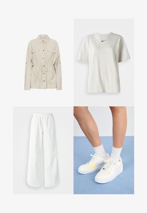 Kaffe Vasaras jaka - feather gray; Balts kokvilnas T-krekls ar apaļu kakla izgriezumu un īsām piedurknēm. Uz krūtīm ir neliels melns Nike logo. Vienkāršs un bez rotājumiem dizains.; Baltas, platais sporta bikses ar ribotu jostasvītru un smalku logotipa detaļu. Gluda auduma ar brīvu piegriezumu un sašaurinātu apakšdaļu.; Balti ādas sporta apavi ar dzelteniem un lavandas akcentiem, apaļa purngala forma, plakani šņores un teksturēta gumijas zole. Valkāti ar baltām zeķēm.