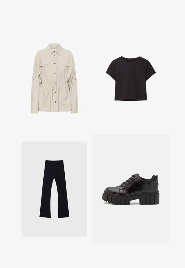 Kaffe Poletna jakna - feather gray; Črn kratki top s kratkimi rokavi, narejen iz mehkega materiala, z okroglo izrezom in sproščenim krojem ter čistim robom.; Črne joga hlače z visokim pasom, narejene iz raztegljive tkanine, z obliko krila noge in gladko teksturo po celotnem obsegu.; Črne usnjene platforme z debelim blokastim petam, okroglo konico in klasičnim vezanjem. Imajo gladko teksturo in minimalne podrobnosti.