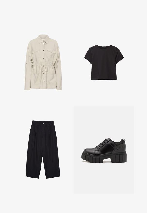 Kaffe Leichte Jacke - feather gray; Schwarzes kurzärmliges Crop-Top aus weichem Stoff, mit rundem Halsausschnitt und einem lässigen Schnitt mit einem sauberen Saum.; Schwarze Polyester-Culotte mit einem elastischen Bund, zwei vorderen Falten und einer lockeren Silhouette. Keine sichtbaren Muster oder Hardware-Details.; Schwarze Lederplateauschuhe mit klobigem Blockabsatz, runder Zehenpartie und traditionellem Schnürdesign. Verfügt über eine glatte Textur und minimale Details.