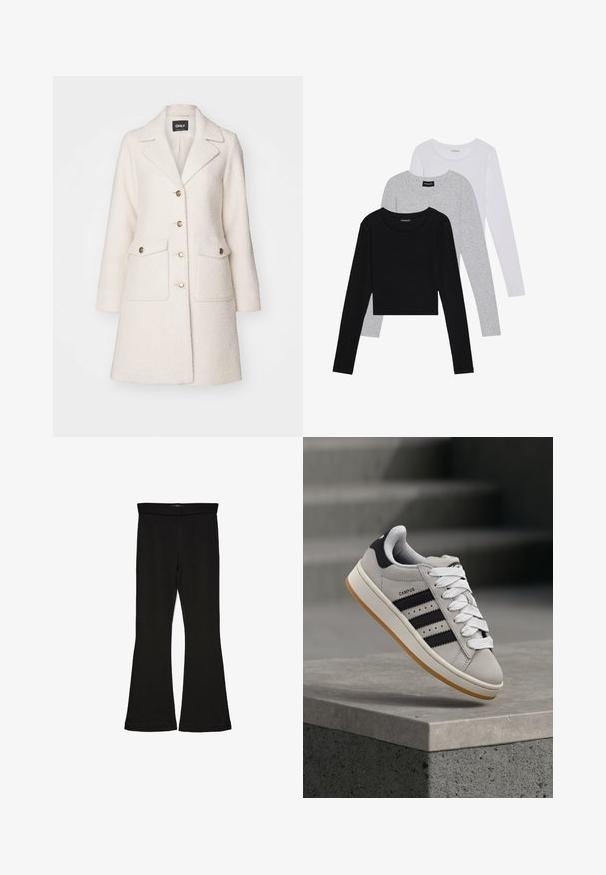 Valkoinen villasekoitteen takki, jossa on selkeä kaulus, kaksirivinen muotoilu, kultaiset napit ja kaksi etutaskua. Pehmeä tekstuuri ja puolipitkä leikkaus.; Kolme pitkähihasta paita päällekkäin: musta, harmaa ja valkoinen. Jokaisessa on pyöreä pääntie ja lyhennetty muotoilu, jossa on sileä ja kevyt kangas.; Mustat leveät legginsit, jotka on valmistettu joustavasta kankaasta. Niissä on leveä vyötärö ja sileä pinta, sekä vartalonmyötäinen leikkaus, joka levenee helmassa.; Harmaa Adidas Campus -tennari mustilla raidoilla ja valkoisilla nauhoilla leijumassa betonikaiteen yläpuolella, taustalla portaat.
