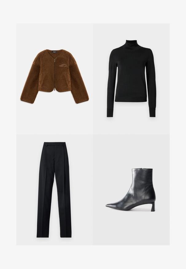 Braune Fleecejacke mit rundem Ausschnitt, Reißverschluss vorne und Fronttaschen. Hat eine strukturierte Oberfläche und ein kleines Logo-Detail auf der Brust.; Schwarzer Langarmrollkragenpullover mit gerippten Bündchen und Saum, auf einem schlichten weißen Hintergrund präsentiert.; Schwarze Hosen aus glattem Stoff mit hoher Taille, weitem Bein, vorderen Falten und klassischen Gürtelschlaufen. Keine sichtbaren Seitentaschen.; Schwarze Lederstiefelette mit spitzer Zehe und schlankem Design. Verfügt über einen niedrigen Absatz und einen Reißverschluss hinten. Glatte Textur.