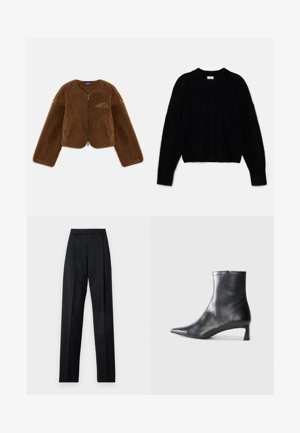 Ruskea fleece-takki, jossa on pyöreä kaula-aukko, vetoketjukiinnitys ja etutaskut. Ominaisuuksiin kuuluu teksturoitu pinta ja pieni logoyksityiskohta rinnassa.; Mustavilla lyhyt neuletakki, joka on valmistettu paksusta materiaalista. Siinä on pyöreä kaula-aukko ja pitkät hihat, joilla on pehmeä rakenne. Minimalistinen muotoilu, ei kuvioita.; Musta housut, jotka on valmistettu sileästä kankaasta ja joissa on korkea vyötärö, leveät lahkeet, etukaarteet ja klassiset vyölenkit. Ei näkyviä sivutaskuja.; Musta nahkainen nilkkabotti, jossa on teräväkärkinen muotoilu ja tyylikäs design. Varusteena matala korko ja takana vetoketjukiinnitys. Sileä pinta.