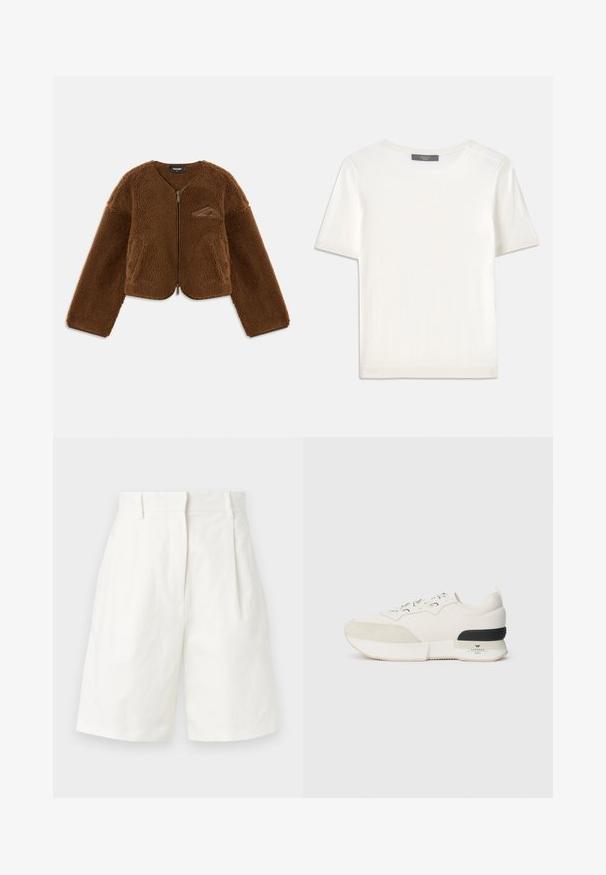 Braune Fleecejacke mit rundem Ausschnitt, Reißverschluss vorne und Fronttaschen. Hat eine strukturierte Oberfläche und ein kleines Logo-Detail auf der Brust.; Weißes kurzärmliges Strickoberteil mit rundem Halsausschnitt, das eine glatte Textur und subtile Rippakzente an den Ärmeln und dem Saum aufweist.; WEEKEND MaxMara ECUBA - Shorts - white; Weißer Sneaker mit einer strukturierten Wildleder-Zehenkappe, glattem Mesh-Obermaterial, dekorativen Schnürsenkeln und einem schwarzen Gummibezug an der Ferse.
