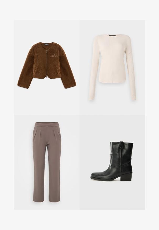 Ruskea fleece-takki, jossa on pyöreä kaula-aukko, vetoketjukiinnitys ja etutaskut. Ominaisuuksiin kuuluu teksturoitu pinta ja pieni logoyksityiskohta rinnassa.; Pitkähihainen, vaaleanbeige paita, jossa on pyöreä kaula-aukko. Valmistettu pehmeästä kankaasta, jossa on keskeinen sauma ja hieman kaareva helma. Ei näkyvää metalliosaa.; Harmaat löysät housut, joissa on joustava vyötärö ja etutaskut, valmistettu sileästä kankaasta.; Musta nahkasaapas nilkkamittaisella varrella, pyöreällä kärjellä, lohkarekorolla, sivuvetoketjulla ja ompeluaksentilla varren yläosassa. Suora pinta, klassinen muotoilu.