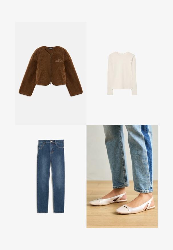 Hnědá fleecová bunda s kulatým výstřihem, zapínáním na zip vpředu a předními kapsami. Má texturovaný povrch a malý detail loga na hrudi.; Světle béžové tričko s dlouhým rukávem z měkké tkaniny, s kulatým výstřihem a uvolněným střihem s rovnými lemy a minimálními švy.; Tmavě modré džíny s rovný fit, pěti kapsami, jemnými detaily šití a kovovým knoflíkem v pase.; Světle růžové slingback baleríny s špičatou špičkou, vyrobené z hladkého koženému materiálu. Obsahují vystřihovací detaily po stranách a plochý podpatek.