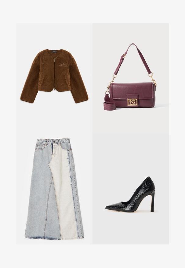 Brun fleecejakke med rund hals, lynlås foran og frontlommer. Har en struktureret overflade og et lille logo detaljeret på brystet.; Sort tanktop med tynde spaghetti-stropper, lavet af et ribbet stof, med en lige skæring og et mærke ved halsudskæringen, der står "IVY OAK."; Denim nederdel med patchwork design bestående af lyse og mellemblå sektioner, frayed kanter og høj talje. Klassisk fem-lomme stil.; Sorte spidse tå stiletto-sko i krokodilleskind med et strømlinet design, høj hæl og glat sort inderside.; Mørk lilla læder skuldertaske med guld hjerteformet lukning og justerbar skulderrem på hvid baggrund.