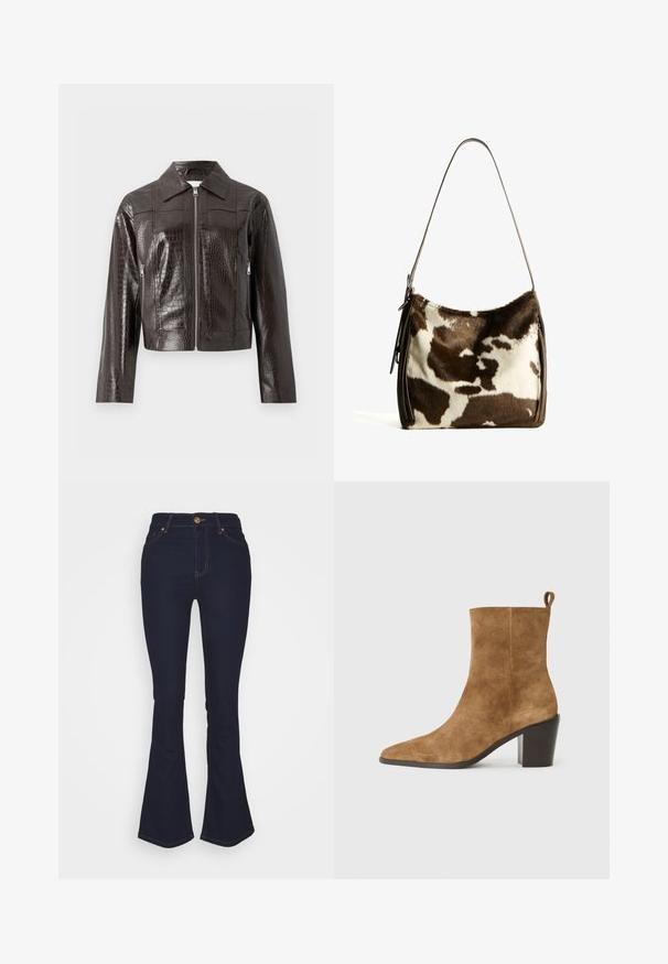 Dark brown faux crocodile leather jacket with front zipper, collar, long sleeves, and zippered side pockets.; Long-sleeve polo shirt with brown, beige, and white horizontal stripes, button placket, and small "BG" logo on the chest.; Marks & Spencer Eva - Bootcut jeans - blue denim; Brown suede ankle boot with a pointed toe and a chunky black heel, presented against a neutral background.; Brown and cream cowhide shoulder bag with a smooth leather strap, zip closure, and a soft, textured surface featuring a natural pattern.
